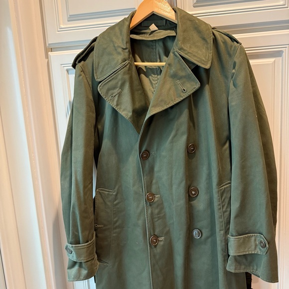 Vintage US Army Military Trench Coat Hooded OD Green Overcoat Size Small